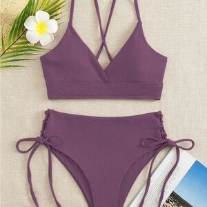NWT SHEIN Purple Ripped Crisscross Two Piece Swimsuit